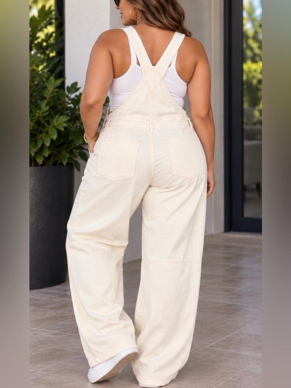 Chouyatou~Cream Women's Barrel -Leg Overalls - Casual Jeans XL - Picture 3 of 4